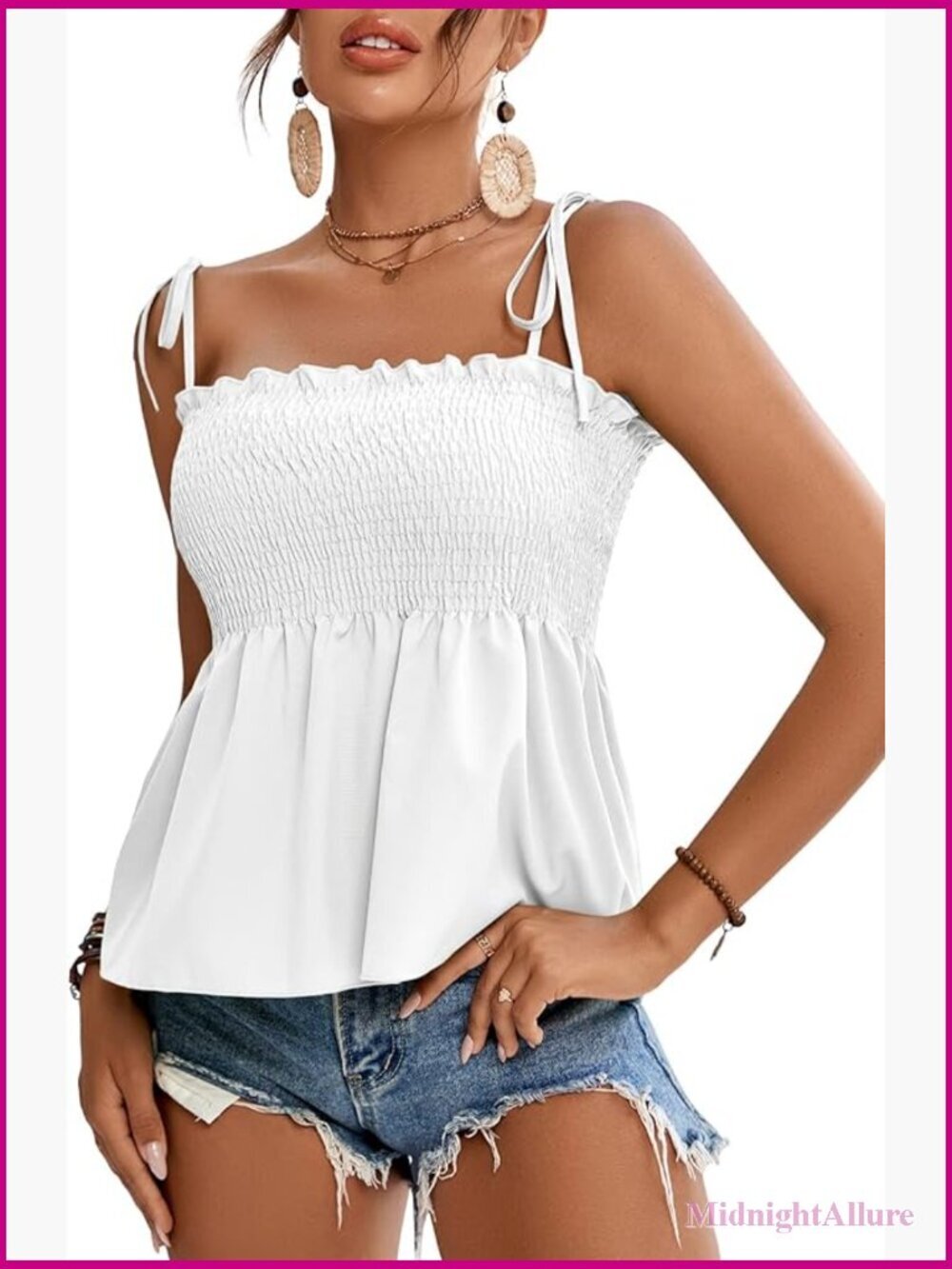 Tie Shoulder Shirred Ruffle Hem Sleeveless Cami Peplum Top Summer Blouse